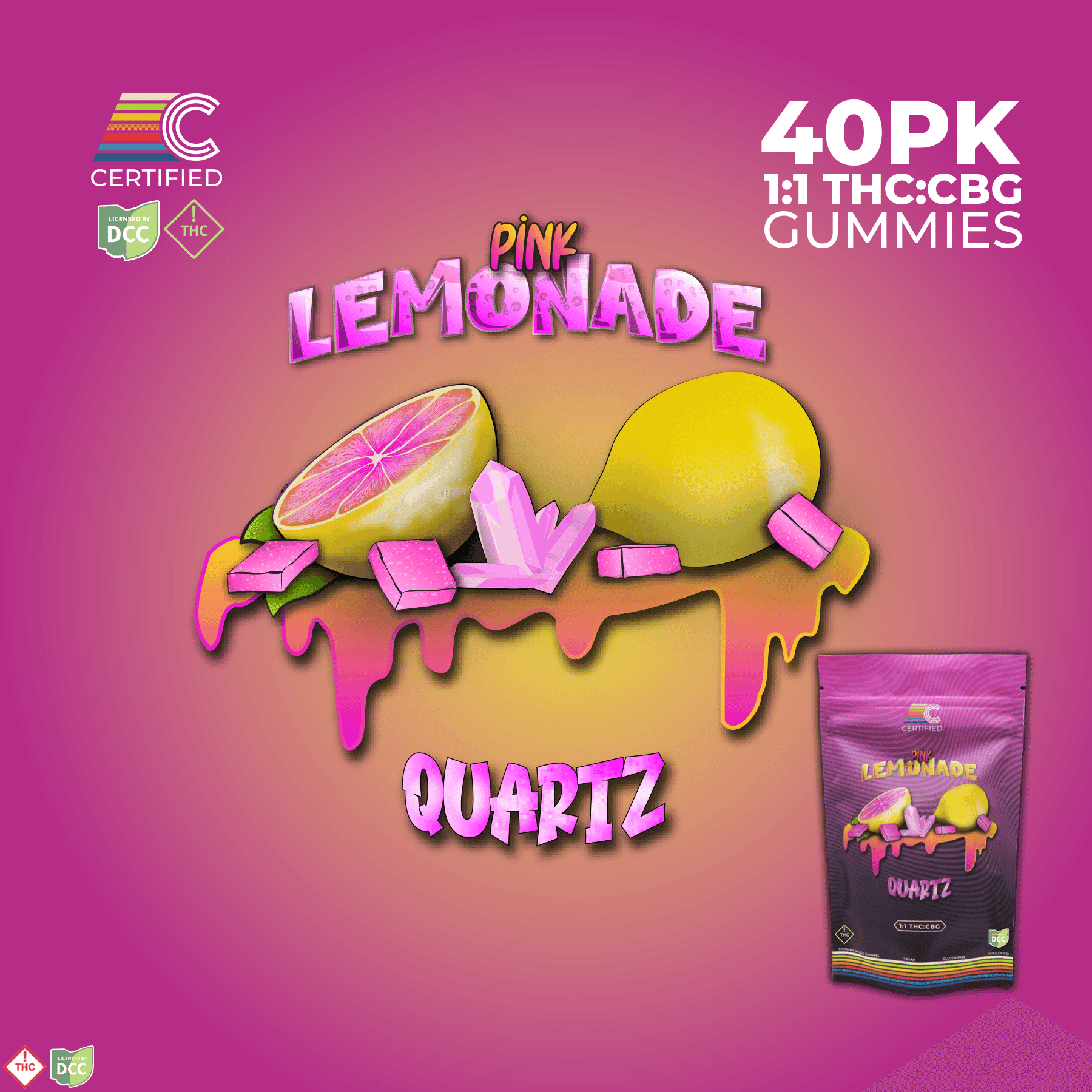 1:1 CBG Pink Lemonade Quartz Gems [40pk] (400mg THC/400mg CBG)