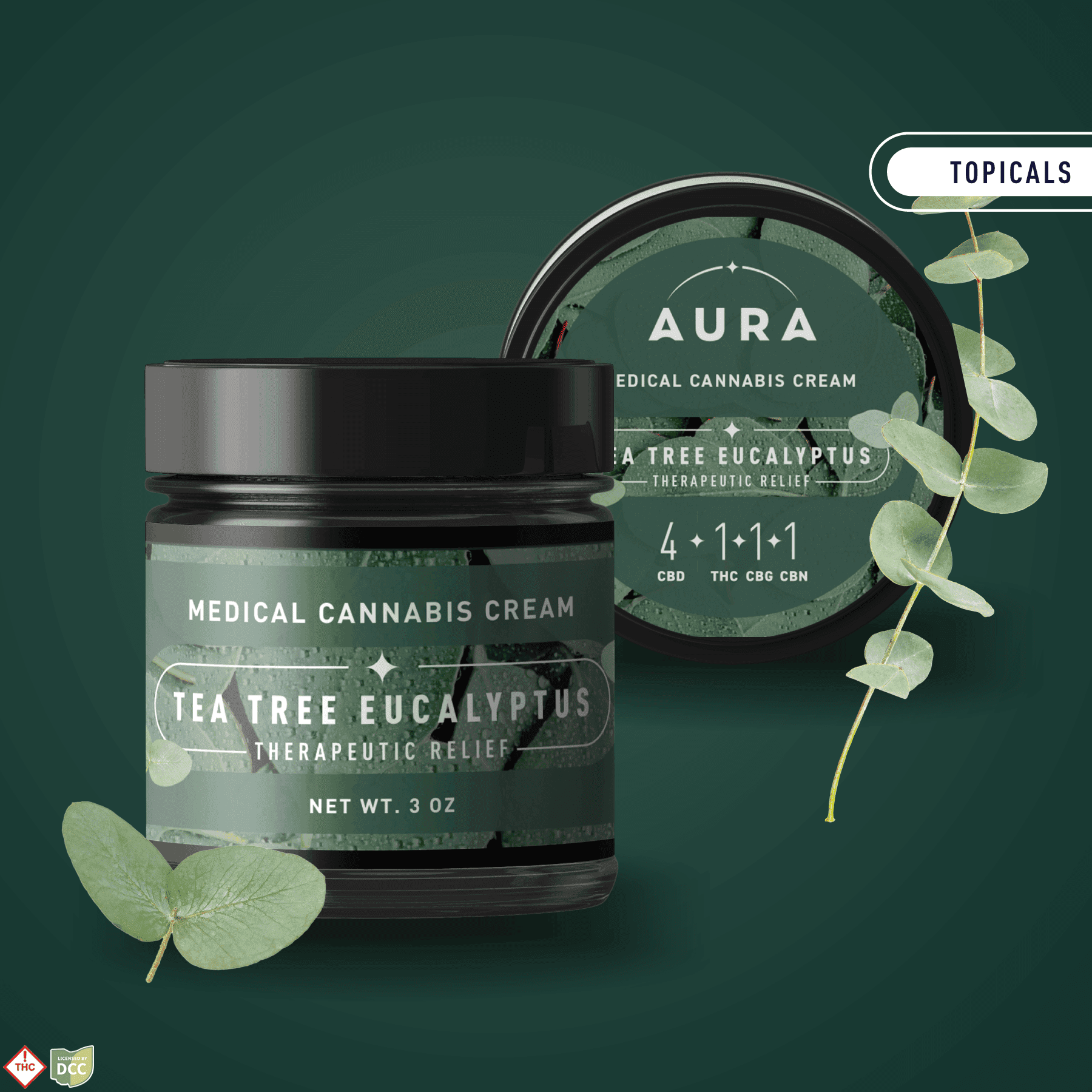 Tea Tree Eucalyptus Topical Cream 4CBD:1THC,CBG,CBN [3oz] (1200mg CBD/295mg THC)