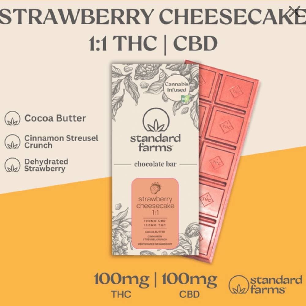 STANDARD FARMS - STRAWBERRY CHEESECAKE WHITE CHOCOLATE BAR 1:1 - [100MG THC / 100MG CBD] - 10PK