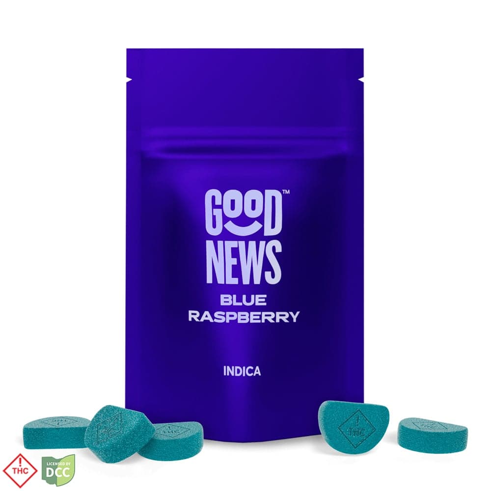 GOOD NEWS BLUE RASPBERRY GUMMIES - EDIBLE - 10PK - INDICA - THC: 100.35MG CBD: 0MG